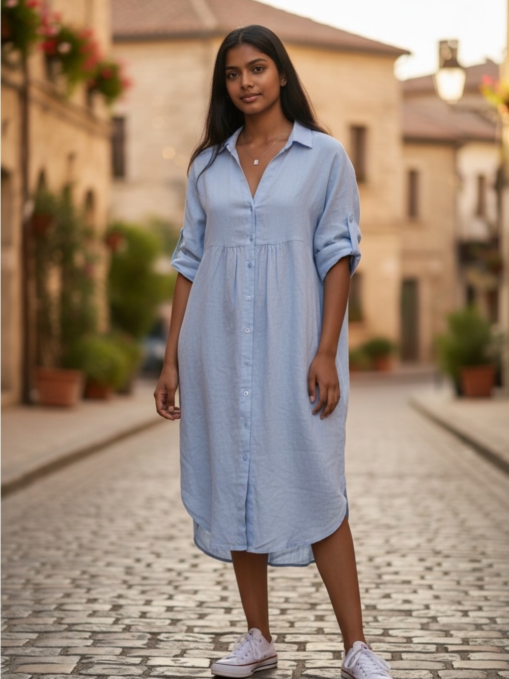 ESUALO Light Blue Button-Front  linen Shirt Dress size medium
